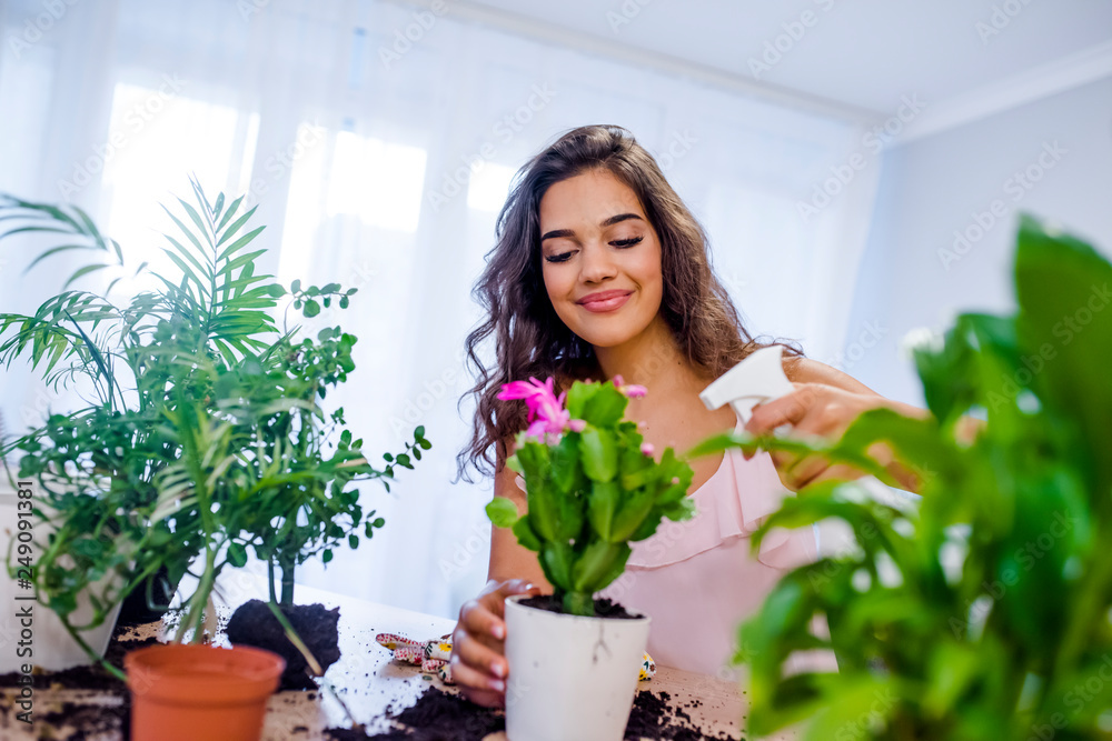Young businesswoman sprays plants in flowerpots. Young businesswoman sprays plants in flowerpots.