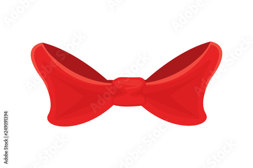Red bow isolated on white. Single gift knot of ribbon in flat style design. Vector cartoon illustration of bowtie from wide strip, decorative element