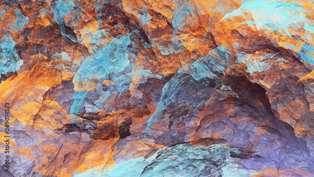Abstract blue and orange marble texture. Colorful fractal background. Digital art. 3d rendering.