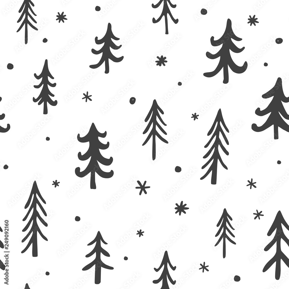 Seamless stylish pattern with cute hand drawn pine trees. Vector Outline illustration, Grey and White