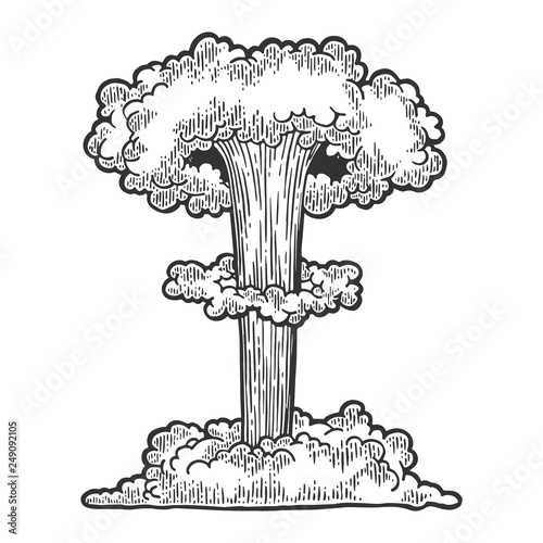 Nuclear bomb explosion vintage engraving vector illustration. Scratch board style imitation. Black and white hand drawn image.