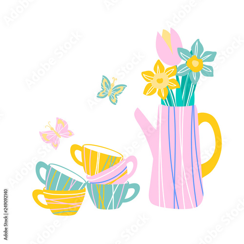 vector tea pot with spring flowers daffodil tulip butterfly and cups on white cartoon cute illustration