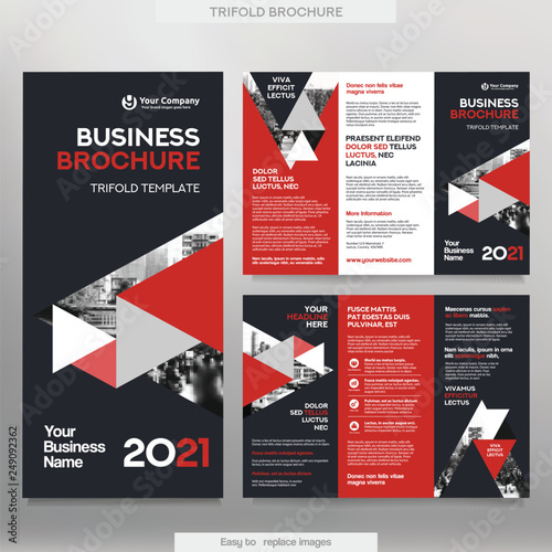 Business Brochure Template in Tri Fold Layout. Corporate Design Leaflet with replacable image.