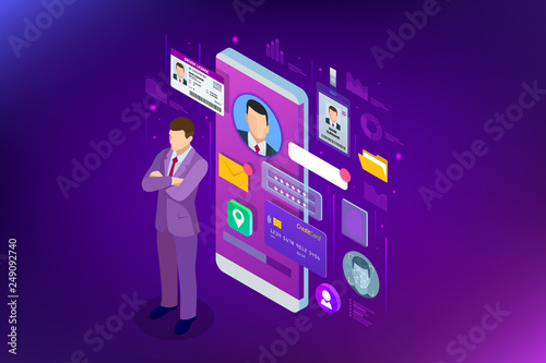Isometric Personal Data Information App, Identity Private Concept. Digital data Secure Banner. Biometrics technology vector illustration for personal identity recognition and access authentication.