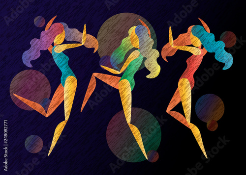 three vector abstract bright color dancing girls