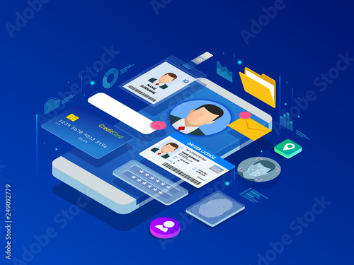 Isometric Personal Data Information App, Identity Private Concept. Digital data Secure Banner. Biometrics technology vector illustration for personal identity recognition and access authentication.
