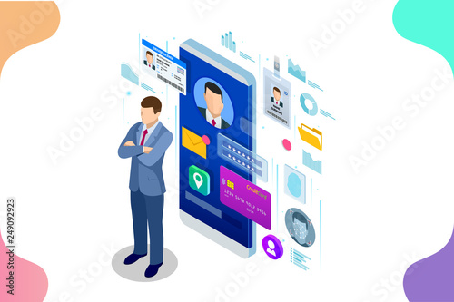 Isometric Personal Data Information App, Identity Private Concept. Digital data Secure Banner. Biometrics technology vector illustration for personal identity recognition and access authentication. photo