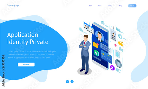 Isometric Personal Data Information App, Identity Private Concept. Digital data Secure Banner. Biometrics technology vector illustration for personal identity recognition and access authentication.