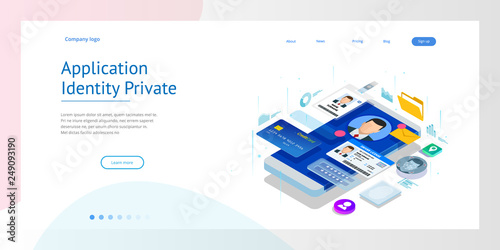 Isometric Personal Data Information App, Identity Private Concept. Digital data Secure Banner. Biometrics technology vector illustration for personal identity recognition and access authentication.