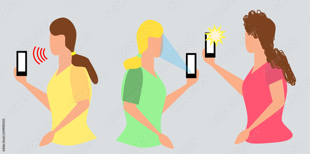 Girl taking selfie, pixel art. Woman recording video taking photo on phone camera texting making video call, watching phone screen.