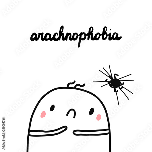 Arachnophobia hand drawn illustration with cute marshmallow looking at spider