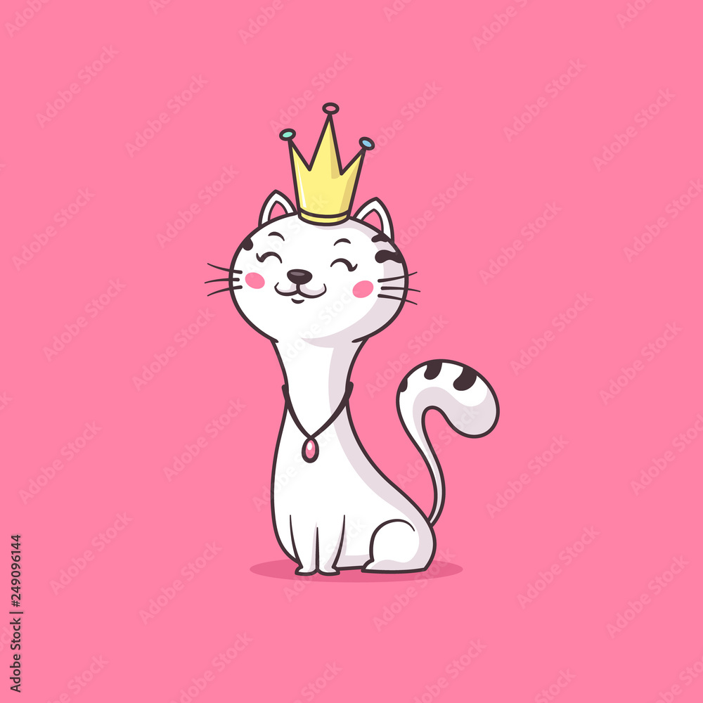 Happy royal cat queen / princess wearing golden crown vector cartoon