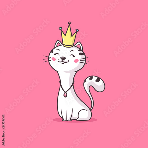 Happy royal cat queen / princess wearing golden crown vector cartoon illustration