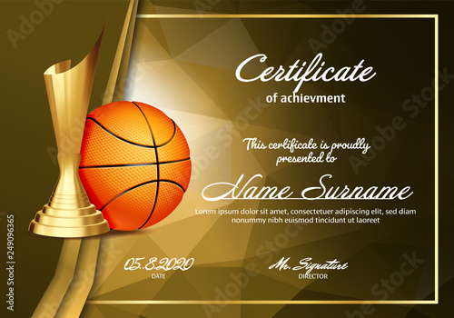 Basketball Certificate Diploma With Golden Cup Vector. Sport Vintage Appreciation. Modern Gift. Print Blank. A4 Horizontal. Event Illustration