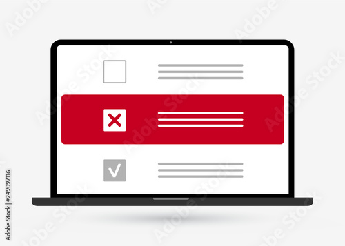 Checklist on the laptop display screen, checkboxes with cross mark in flat style icon. List of purchases, survey, to do list, tasks concept premium vector design for web site, banners, infographics.