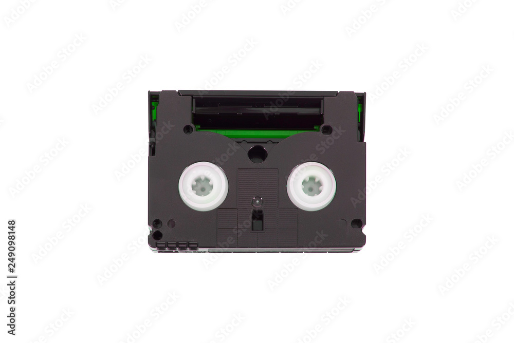 mini DV cassette, videotape, rear view, white background, isolated. mini DV cassette, videotape, rear view, white background, isolated.