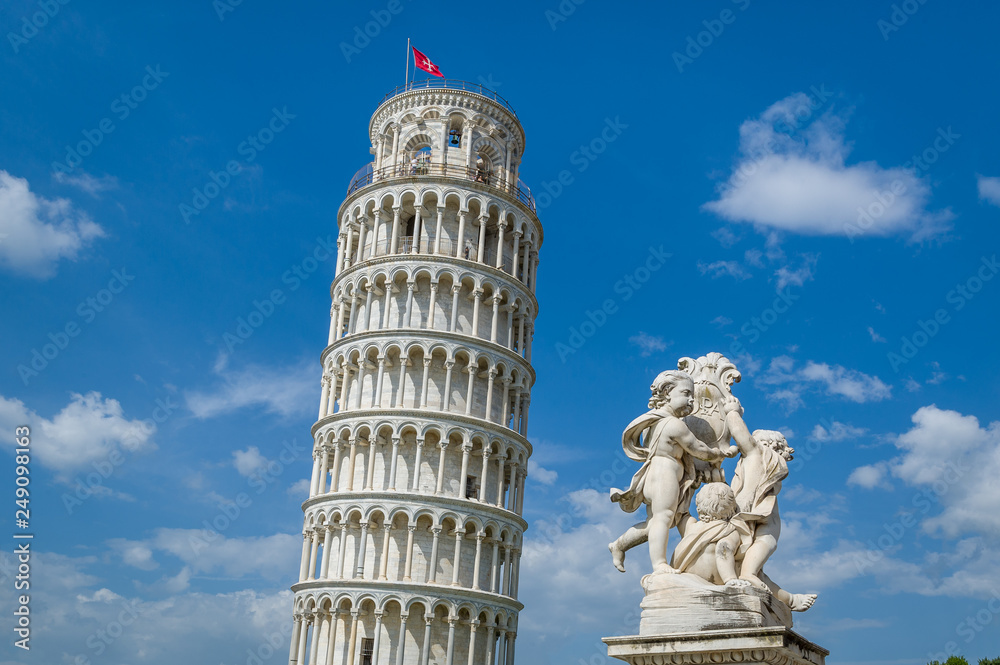 Pisa Tower and Putti Fountain sculpture