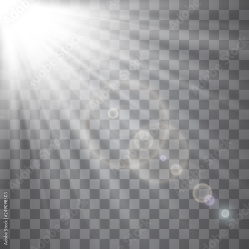 Light flare special effect with rays of light and magic sparkles. Glow transparent vector light effect set, explosion, glitter, spark, sun flash.