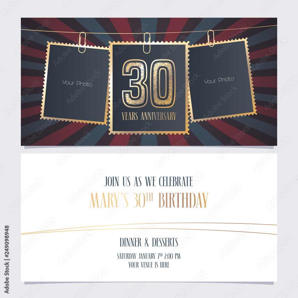 30 years anniversary party invitation vector template, illustration