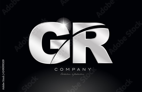 silver letter gr g r metal combination alphabet with grey color on black background logo photo