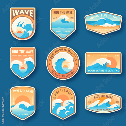 Set of nine summer holidays emblems. Labels with sun, waves, and sand in bright blue and orange colors. Beach emblems, badges and logo patches. Summer holidays, surfing