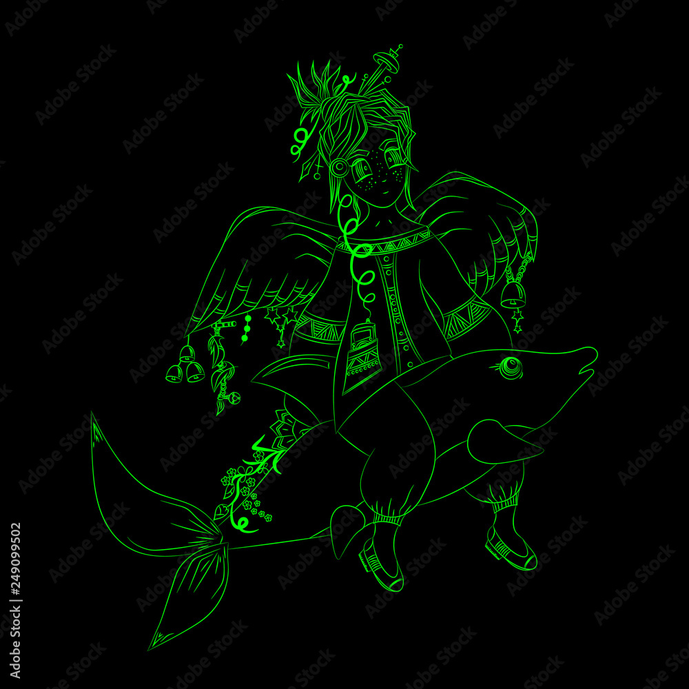 Girl with wings, on a shark, bright, caricature, hand-drawn Girl with wings, on a shark, bright, caricature, hand-drawn