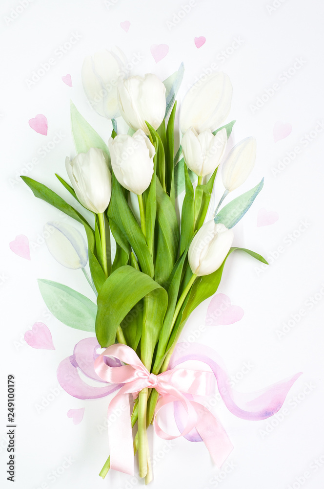 A bouquet of white tulips and hearts. Pastel colors in the postcard.