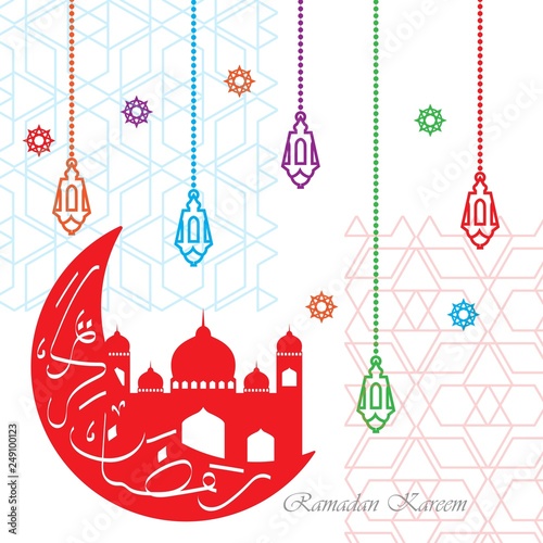 Colorful ramadan kareem greeting with mosque and lanterns