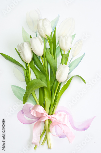 Watercolor bouquet. White flower. Tulips.
