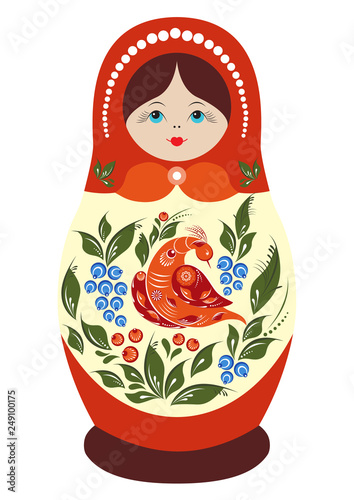 Traditional souvenir Russian floral folk matryoshka doll, Gorodets painting stylization. Birds and flowers. Russian doll girl with a smile.