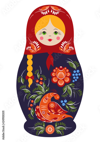 Traditional souvenir Russian floral folk matryoshka doll, Gorodets painting stylization. Birds and flowers, matryoshka babushka. Russian nesting doll girl with a smile. Isolated on white illustration.