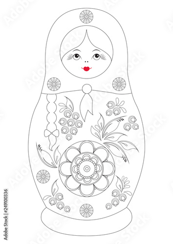 Coloring contour book for children. Traditional souvenir Russian floral folk matryoshka babushka doll. Gorodets painting stylization. Russian nesting doll girl with a smile.