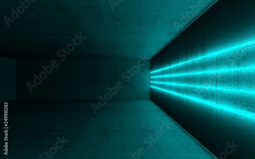 3d interior with four cyan neon light lines