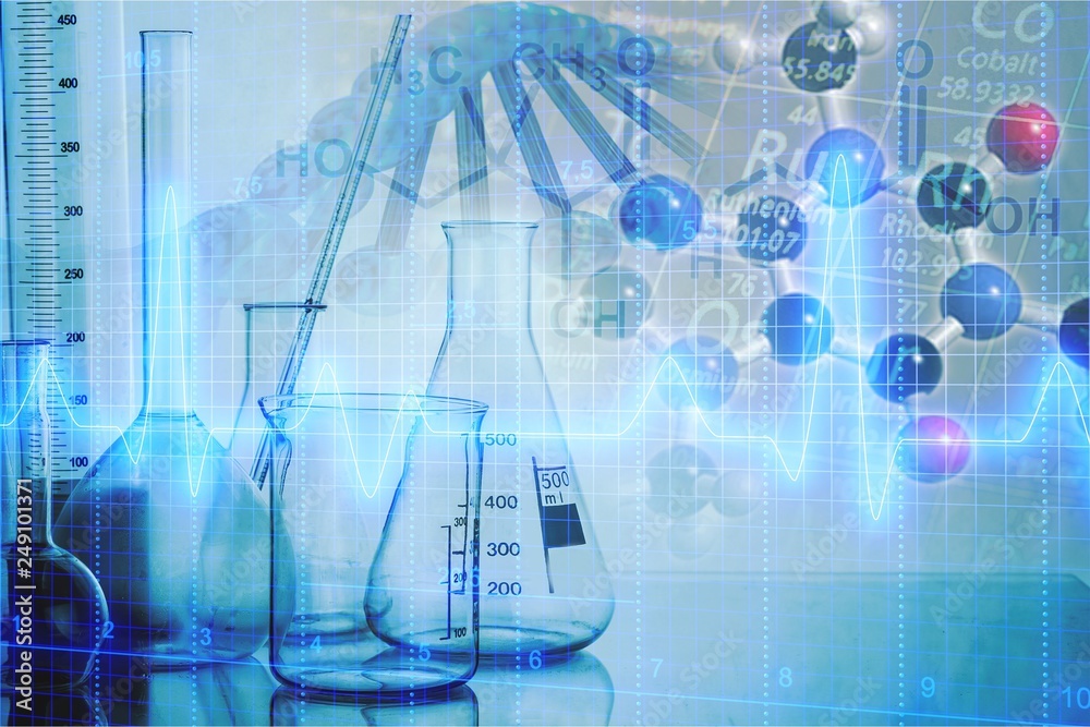 Science laboratory test tubes, chemical flasks. Element Periodic Table and chemical compounds illustrations, laboratory equipment closeup