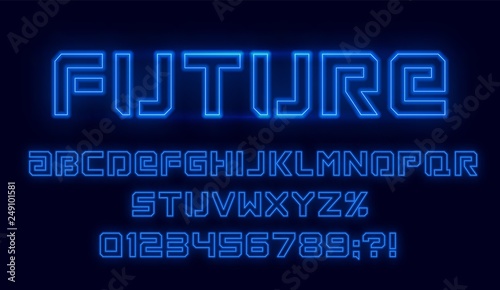 Futuristic neon font. Blue alphabet with numbers on dark background. Vector illustration.