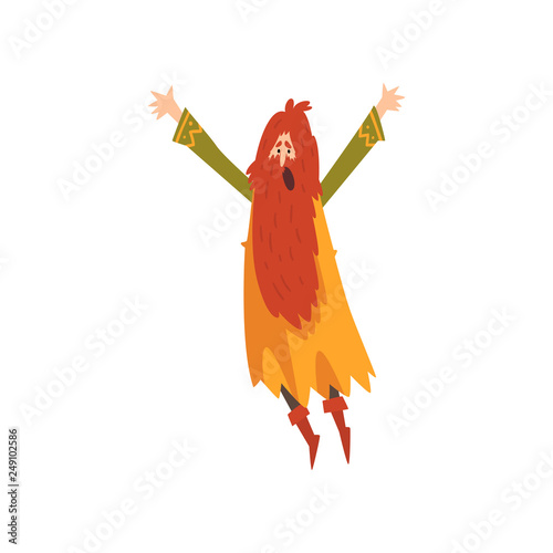Male Sorcerer, Redhead Bearded Wizard Character Practicing Wizardry Vector Illustration