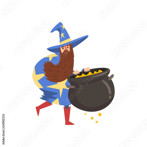 Male Sorcerer with Cauldron of Potion, Bearded Wizard Character Wearing Blue Mantle with Stars and Pointed Hat Vector Illustration