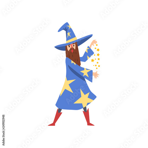 Bearded Male Sorcerer Character Wearing Blue Mantle with Stars and Pointed Hat Practicing Wizardry Vector Illustration