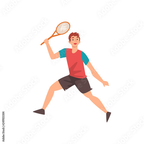 Male Tennis Player with Racket in His Hand, Professional Sportsman Character in Action Vector Illustration © topvectors