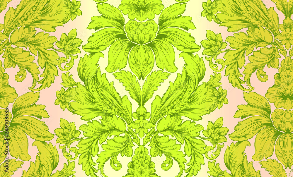Beach cheerful seamless pattern wallpaper of tropical neon green leaves and  flowers on a light yellow background. Trendy textile, fabric, wrapping.  Stock Illustration | Adobe Stock
