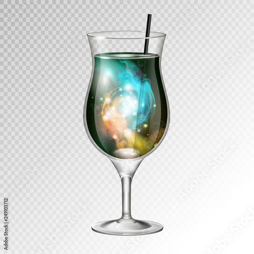 Vector illustration of realistic cocktail pina colada glass with space background inside