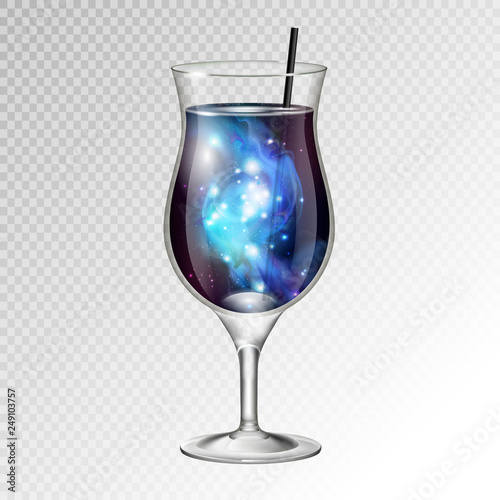 Vector illustration of realistic cocktail pina colada glass with space background inside
