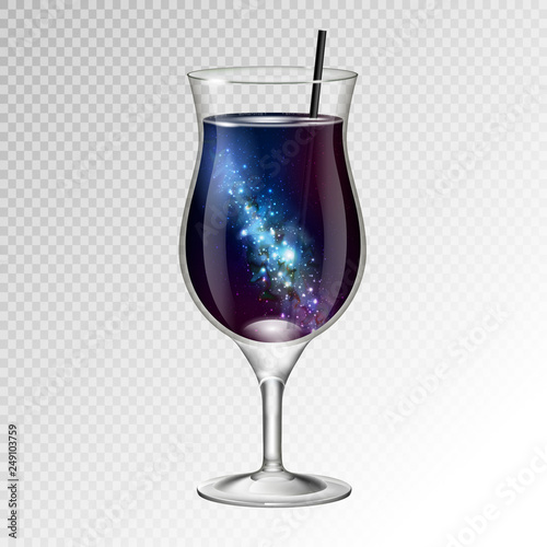 Vector illustration of realistic cocktail pina colada glass with space background inside