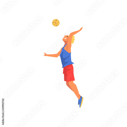 Male Volleyball Player, Professional Sportsman Character Wearing Sports Uniform Vector Illustration © topvectors