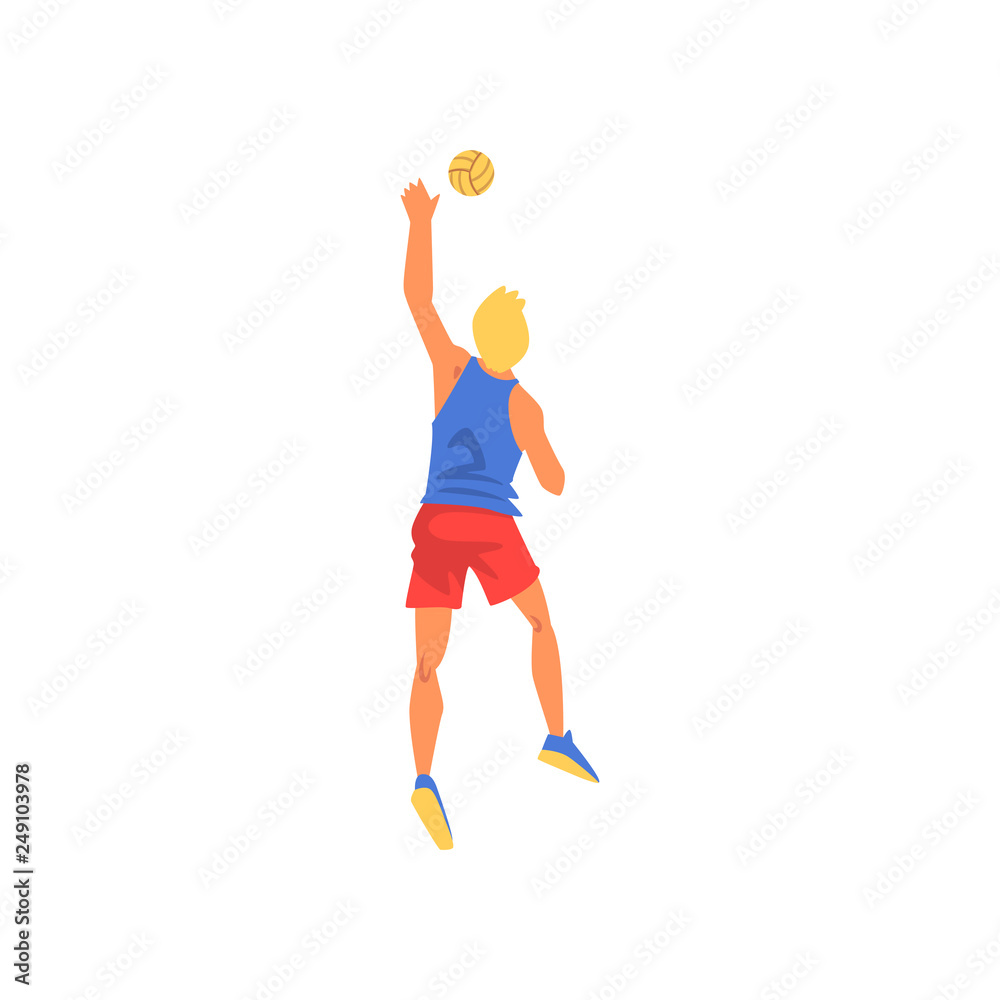 Male Volleyball Player with Ball, Professional Sportsman Character Wearing Sports Uniform, Back View Vector Illustration