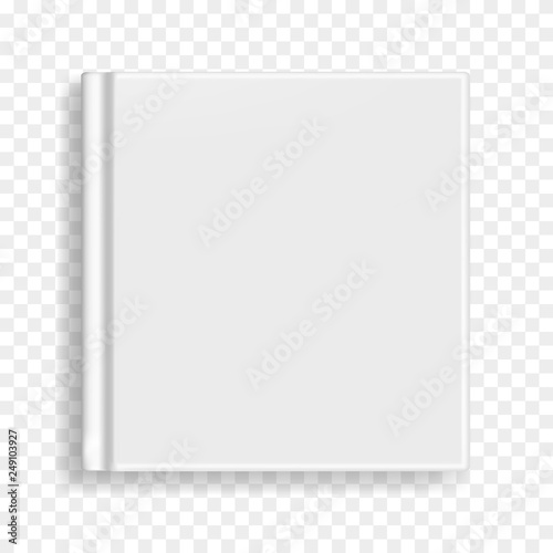 Square vector blank realistic book, closed gray organizer or notebook cover template. Front view of white notepad or diary with binding mockup for catalog, children book, menu