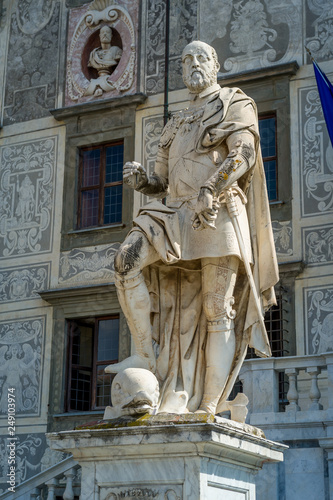 Historic statues of Pisa old town center. Travel attractions of Toscana, Italy