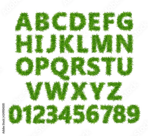 Green grass font. Lawn texture alphabet with numbers on white background. Vector illustration.