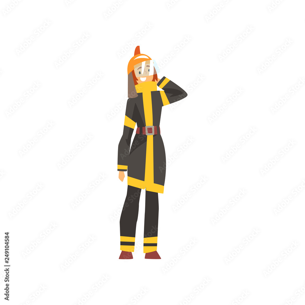 Woman Fireman in Uniform and Protective Helmet, Female Firefighter Character Vector Illustration