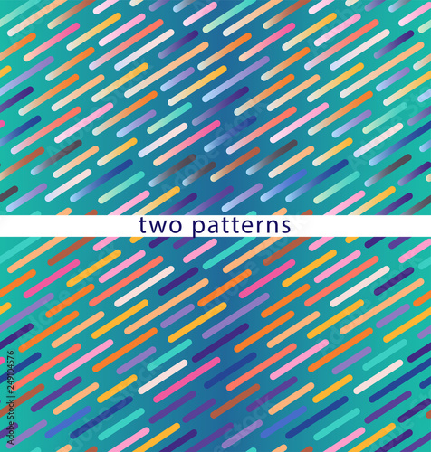Two seamless patterns on a blue gradient background, colored dotted lines at an angle. Vector